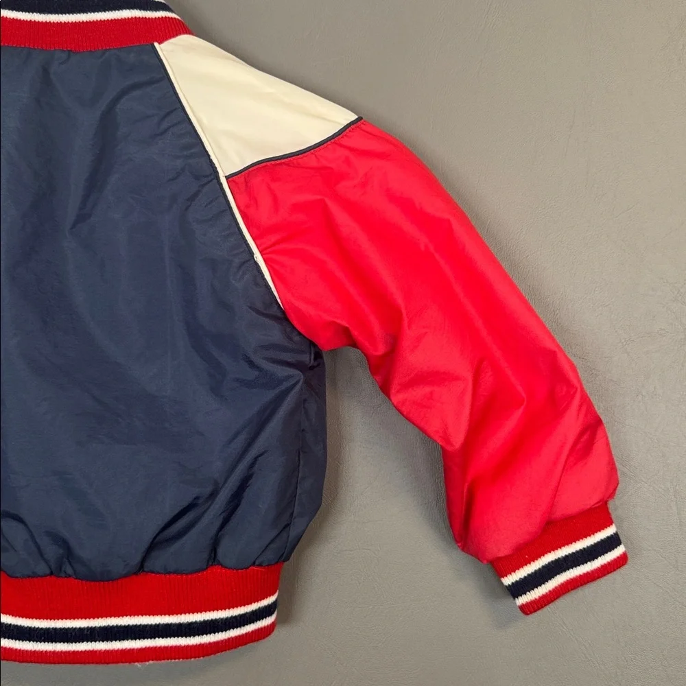 Vintage Kids Varsity Bomber Jacket Red White Blue Nylon Snap Front 70s-80s